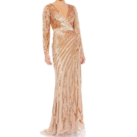 Mac Duggal Gold & Copper Long Sleeve Embellished Sequin Streaked Gown - Reemoly